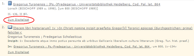 Link "Zum Digitalisat" am Ende jedes Trefferlistenpunktes